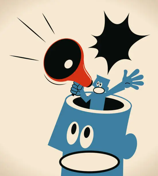 Vector illustration of Small businessman shouting with megaphone and standing inside of the giant man's opened head (inner self)