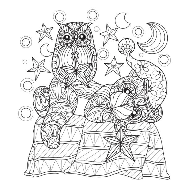 Hand drawn illustration of Bear with a sleeping Owl Hand drawn sketch illustration for adult coloring book vector was made in eps 10. background of a owl black and white stock illustrations