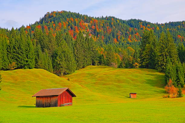 otoño praderas alpinas y pasto graneros - garmisch, baviera, alemania - waxenstein fotografías e imágenes de stock