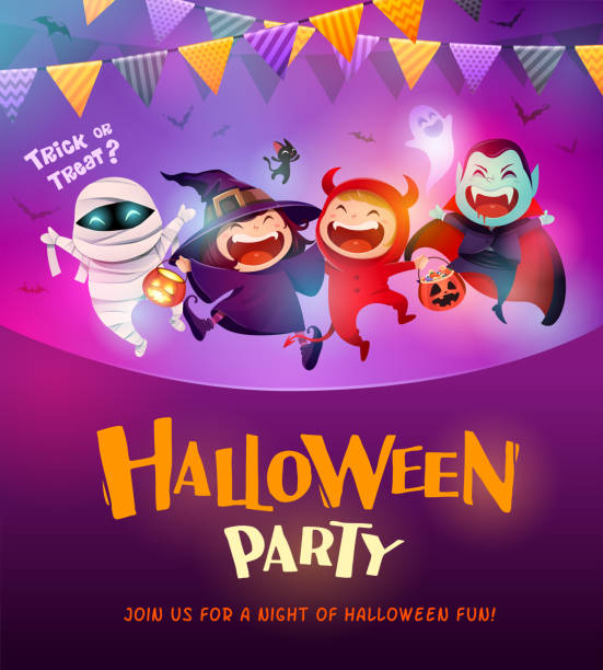Halloween Celebration Fun Party. Group of kids in Halloween costume. Halloween costume concept party. Party background with colored pennant bunting. kid animal costume stock illustrations
