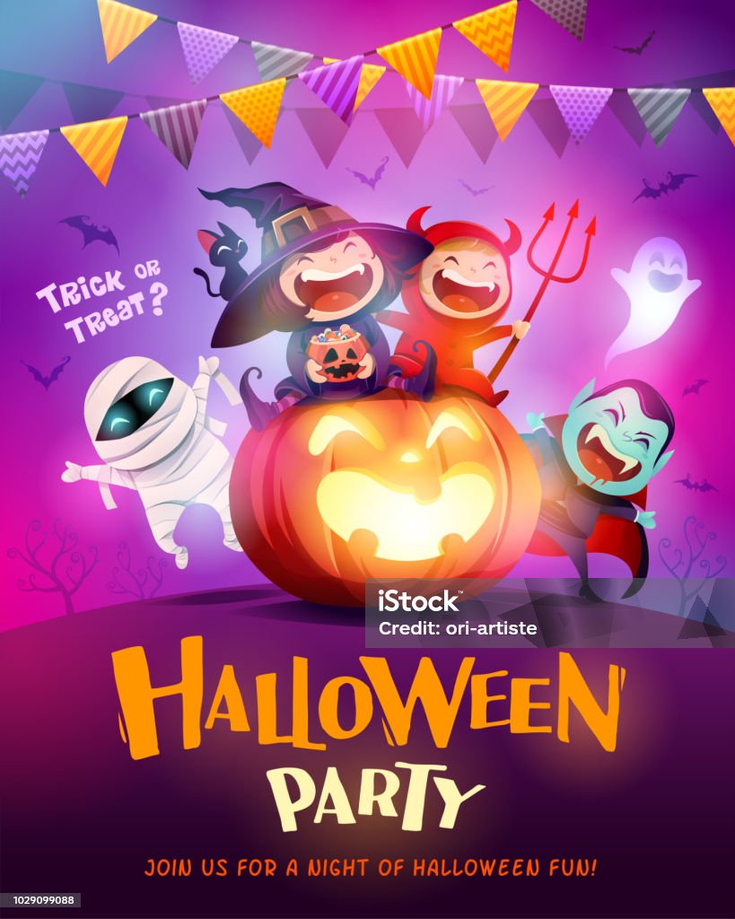 Halloween Celebration Fun Party. Group of kids in Halloween costume sitting on a giant pumpkin. Halloween costume concept party. Party background with colored pennant bunting. Halloween stock vector