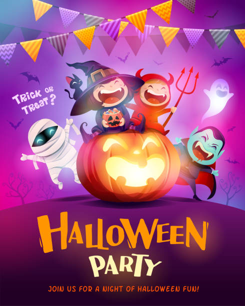 Halloween Celebration Fun Party. Group of kids in Halloween costume sitting on a giant pumpkin. Halloween costume concept party. Party background with colored pennant bunting. kid animal costume stock illustrations