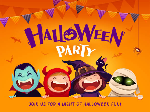 Halloween Party. Group of kids in Halloween costume with big signboard. Halloween costume concept party. Party background with colored pennant bunting. kid animal costume stock illustrations