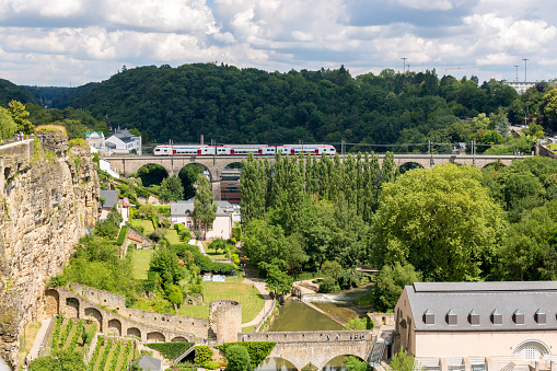 Luxembourg, Grand Duchy of Luxembourg - July 06, 2018: View of the Alzette River and the Lower City in Luxembourg