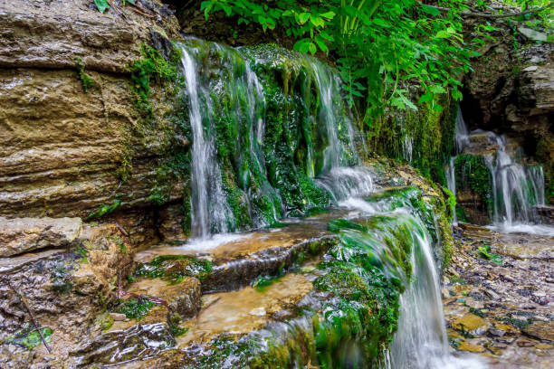 Holy springs in Izborsk. A small waterfall in Russia. Descent of water Holy springs in Izborsk. A small waterfall in Russia. Descent of water. Streams of water coming down pskov city stock pictures, royalty-free photos & images