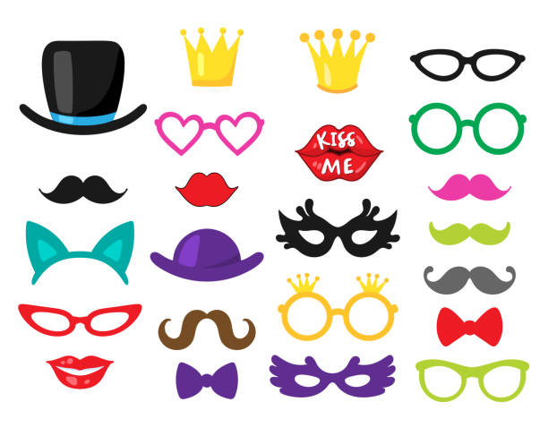 Web Vector set of 23 piece photo booth props - wedding, party, birthday decorations vintage funny photos stock illustrations