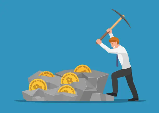 Vector illustration of Businessman digging bitcoin in the rock