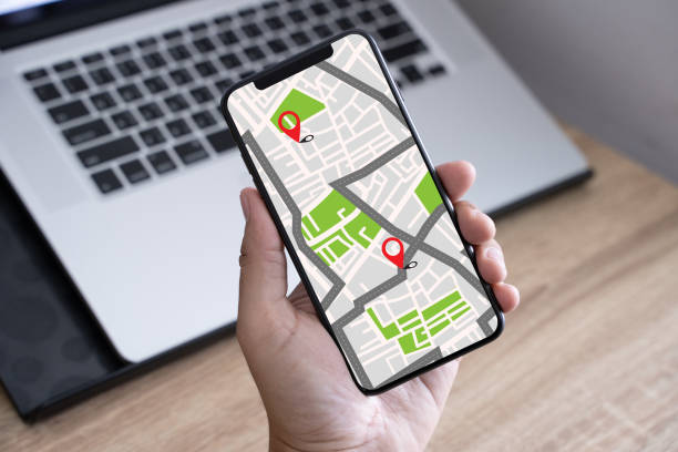 istock GPS Map to Route Destination network connection Location Street Map with GPS Icons  Navigation 1029143974