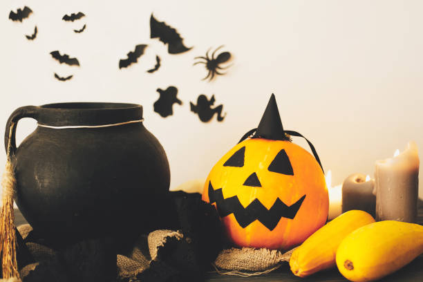 istock Happy Halloween concept. witch cauldron, Jack o lantern pumpkin with candles, broom and bats, ghosts on spooky background. atmospheric image 1029147112
