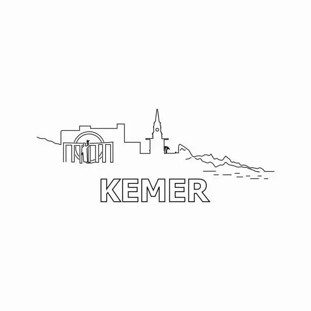 Vector illustration of Kemer skyline and landmarks silhouette black vector icon. Kemer panorama. Turkey