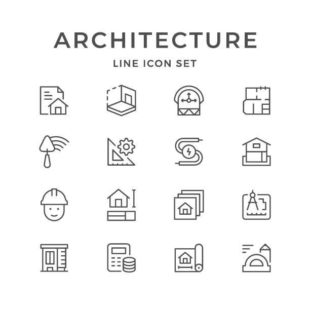 ustawianie ikon linii architektury - drawing compass blueprint engineering architecture stock illustrations