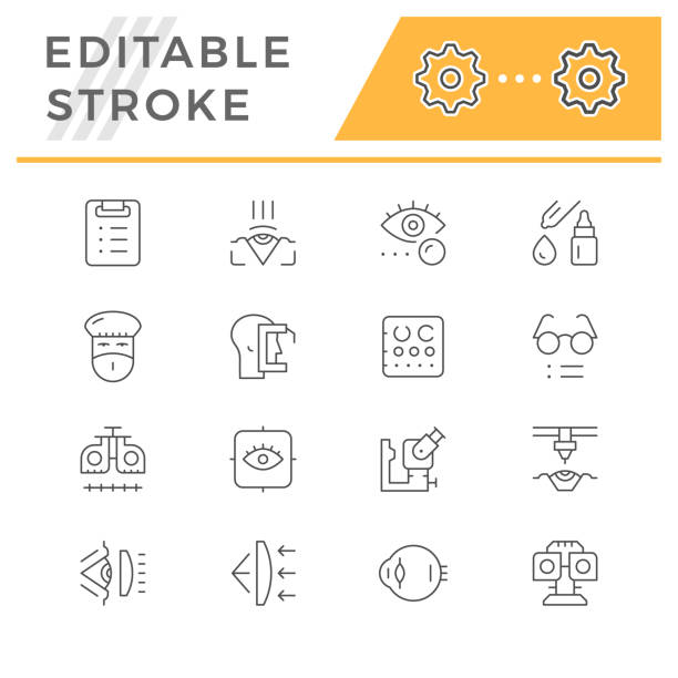 Set line icons of ophthalmology Set line icons of ophthalmology isolated on white. Editable stroke. Vector illustration eye test equipment stock illustrations