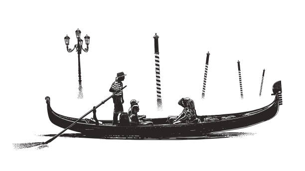 illustrazioni stock, clip art, cartoni animati e icone di tendenza di gondola veneziana e pali dell'ormeggio nella nebbia - venezia