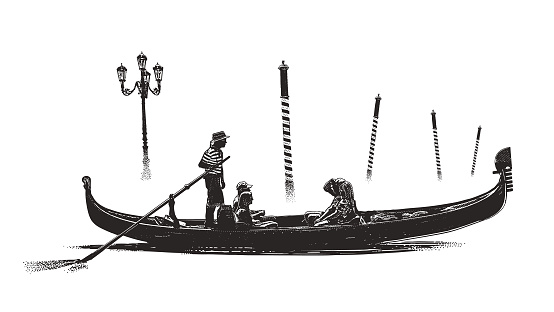 Engraving illustration of Venice gondola and mooring poles in the mist