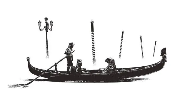 Vector illustration of Venice gondola and mooring poles in the mist