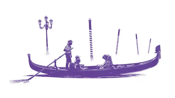 Vector illustration of Venice gondola and mooring poles in the mist