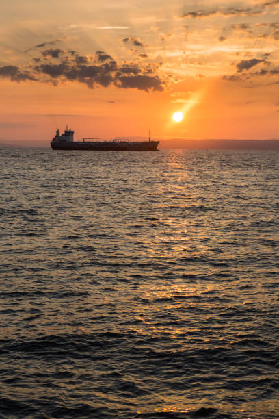 istock Beautiful sunset view over the sea and ship silhouette 1029164464