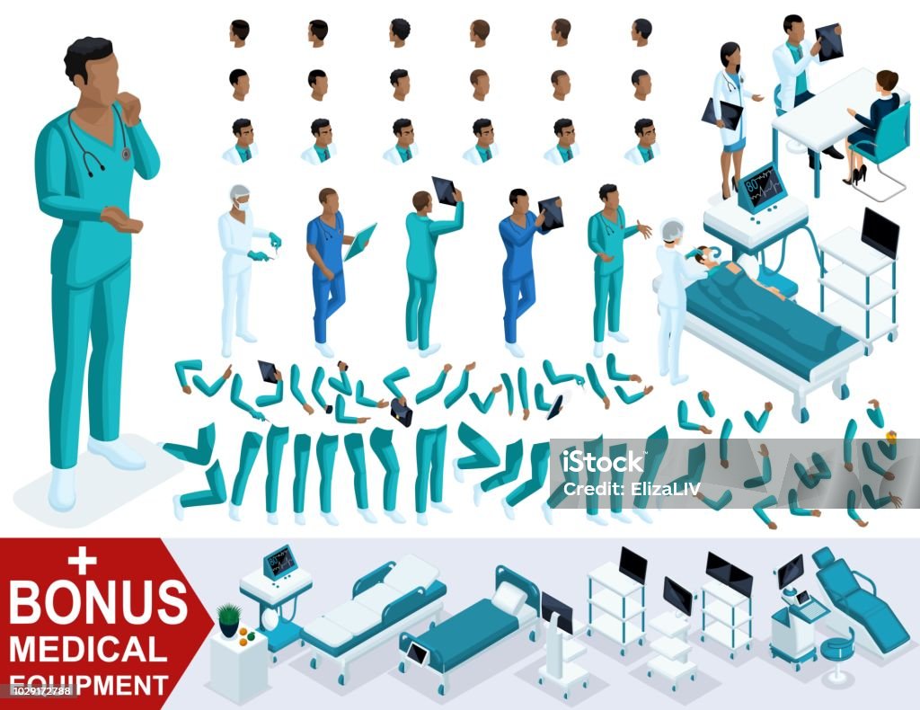 Isometric Doctor African American, create your 3D surgeon, sets of gestures of legs and hands, emotions and hairstyles. Bonus medical equipment Isometric Doctor African American, create your 3D surgeon, sets of gestures of legs and hands, emotions and hairstyles. Bonus medical equipment, set Isometric Projection stock vector