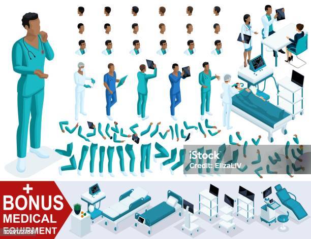 Isometric Doctor African American Create Your 3d Surgeon Sets Of Gestures Of Legs And Hands Emotions And Hairstyles Bonus Medical Equipment Stock Illustration - Download Image Now