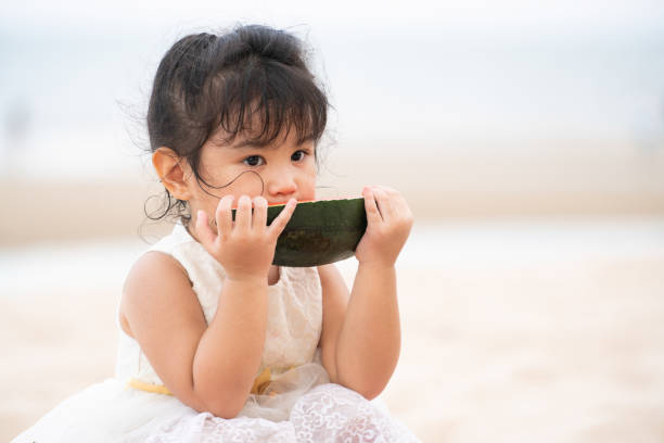 istock Adorable kid eating watermelon on the beach. 1029175828
