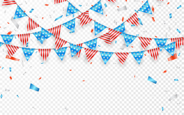 istock Hanging Bunting Flags for American Holidays. Blue, white and red foil confetti. Vector illustration 1029179250