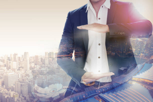 istock Businessman open hand for your text. 1029179938