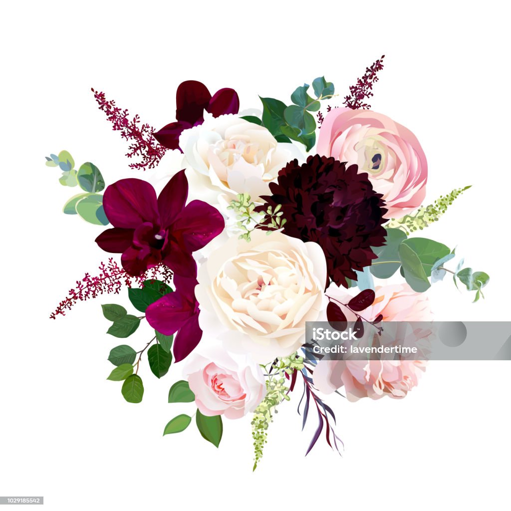 Luxury fall flowers vector bouquet. Luxury fall flowers vector bouquet. Dark orchid, garden rose, burgundy red dahlia, ranunculus, astilbe, agonis, seeded eucalyptus and greenery. Autumn wedding bunch of flowers. Isolated and editable. Flower stock vector
