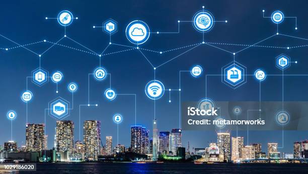 Smart City And Telecommunication Concept Stock Photo - Download Image Now - Building Exterior, Internet of Things, Intelligence