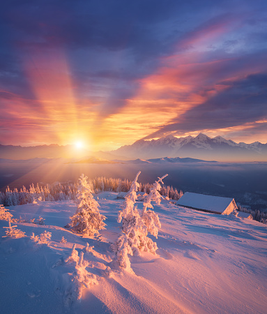 Frosty morning in mountains. Colorful sunrise. Winter landscape. Christmas view