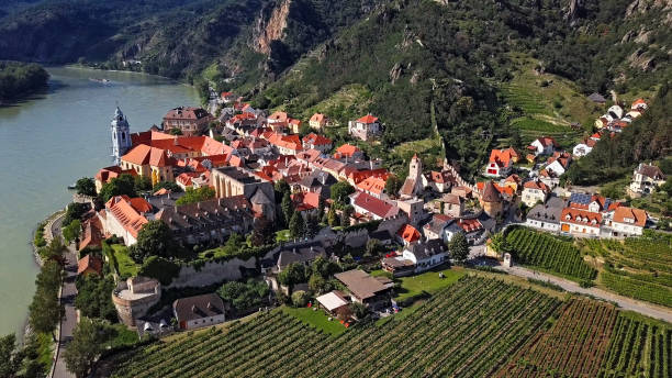 Aerial panorama of Durnstein town. Wachau valley, Austria Panorama of Durnstein, Wachau valley, Austria. durnstein stock pictures, royalty-free photos & images