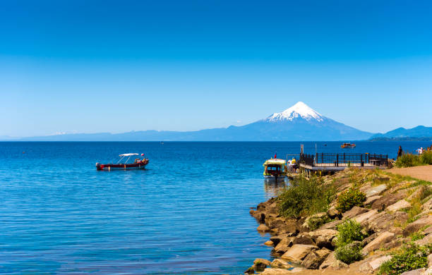 Osorno volcano and Llanquihue lake, Parque, Puerto Varas, Chile. Copy space for text. stock photo