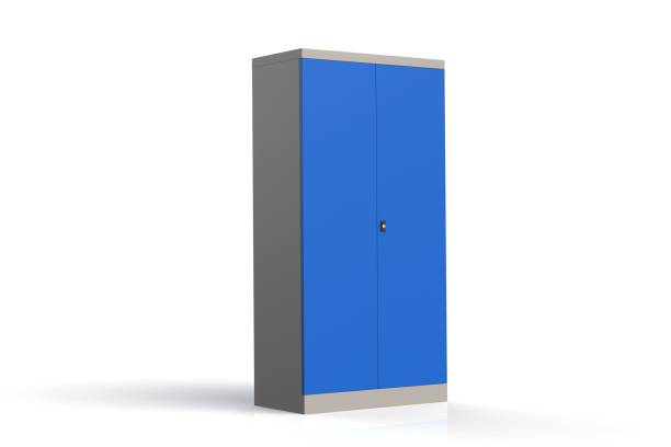 istock Metal cabinet with shelves for tools. Fireproof shelving for documents. A convenient place for storing documents, tools and spare parts. Metal furniture. 3D model rendering. 1029209626