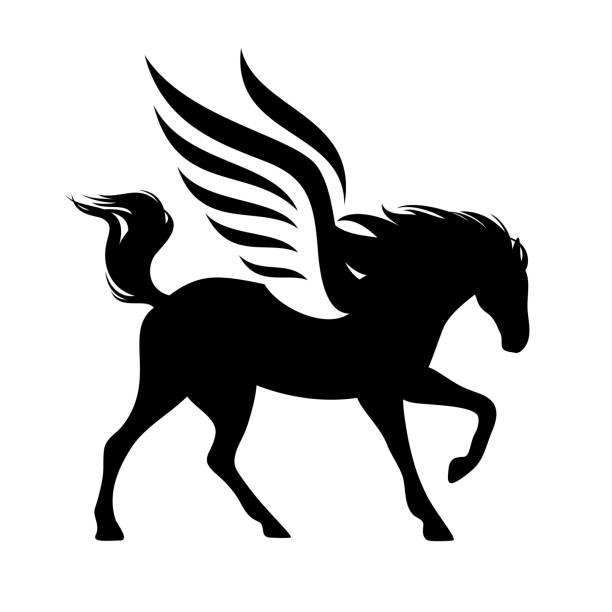 ilustraciones, imágenes clip art, dibujos animados e iconos de stock de aceleración de silueta de vector negro caballo pegaso - mythology horse pegasus black and white