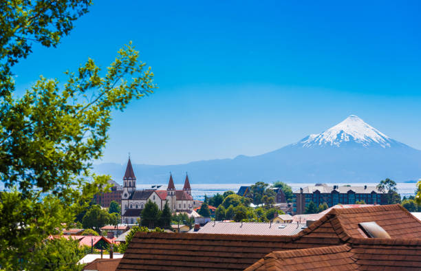 Osorno volcano and Llanquihue lake, Puerto Varas, Chile. Copy space for text. stock photo