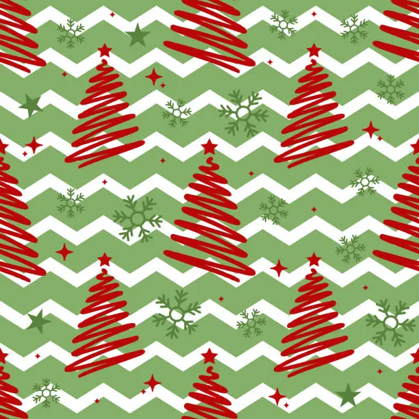 Vector illustration of seamless christmas pattern on green stripe background with red pine tree , star nad snowflake from line