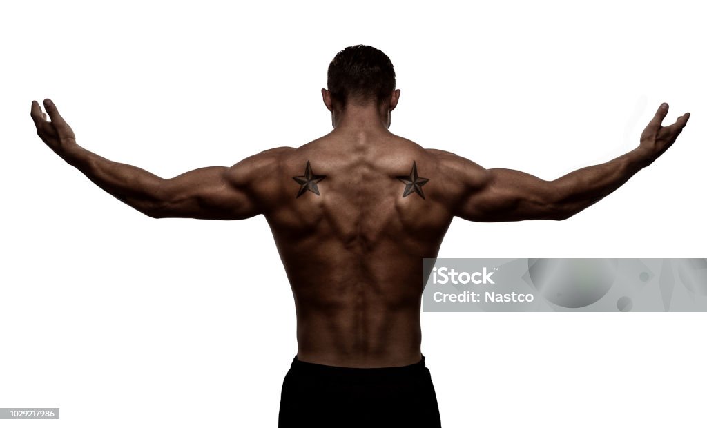 Rear view, silhouette of healthy young althlete Rear view, silhouette of healthy young sports man with his arms stretched out, isolated on white background Men Stock Photo
