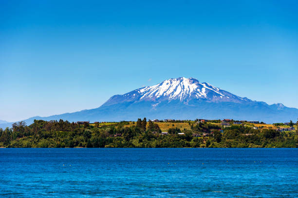 Landscape, Calbuco Volcano and Lake Llanquihue, Chile. Copy space for text