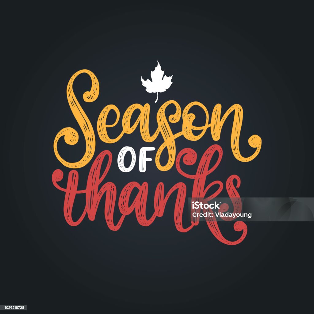 Season Of Thanks,hand lettering. Vector illustration with maple leaf for Thanksgiving invitation,greeting card template. Season Of Thanks, hand lettering on black background. Vector illustration with maple leaf for Thanksgiving invitation, greeting card template. Gratitude stock vector