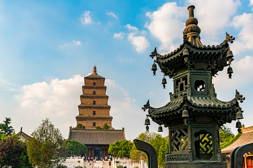 Dayan pagoda in da ci'en temple,The tourists walking to the temple,xian city,shan xi province,china.