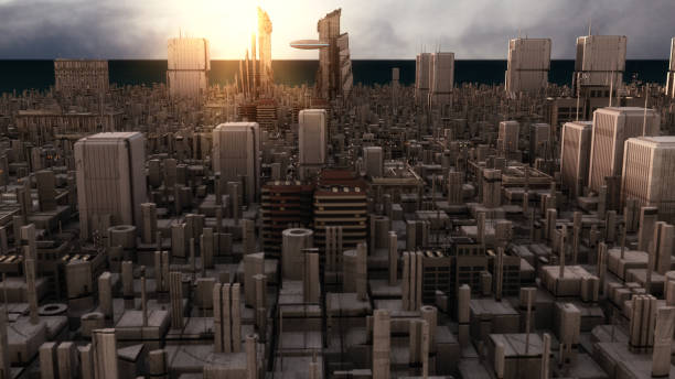 istock 3d rendering. Futuristic city and spaceships 1029221634