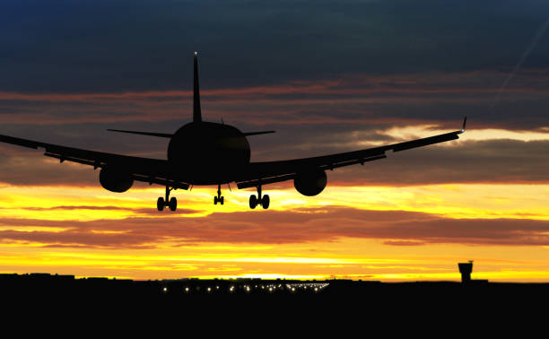 istock Airplane landing on sunset sky 1029222998