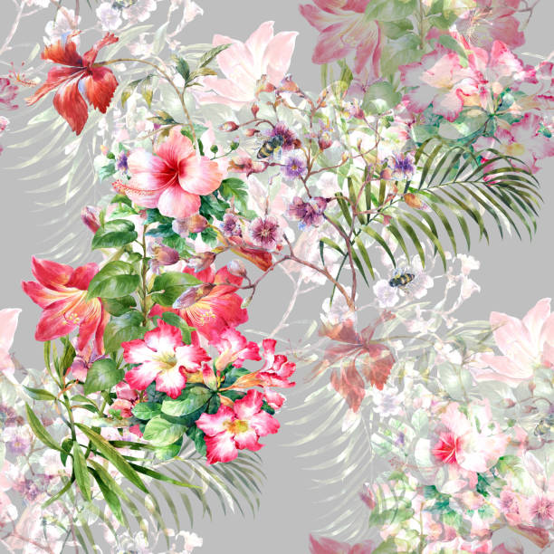 istock Watercolor painting of leaf and flowers, seamless pattern on gray background 1029224180