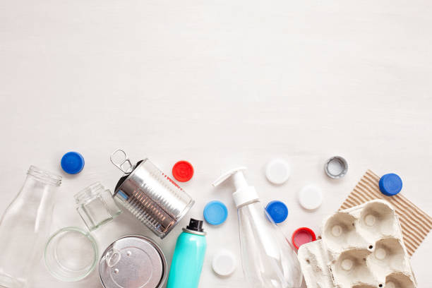 Flat lay of different wastes wastes ready for recycling. Plastic