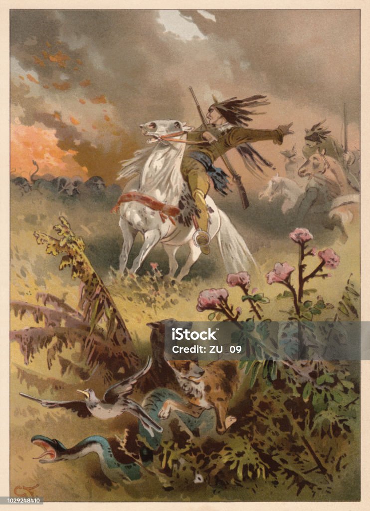 Escape from the prairie fire, chromolithograph, published in 1888 Escape from the prairie fire. Chromolithograph after a watercolor by G. Franz, published in 1888. Indigenous Peoples of the Americas stock illustration