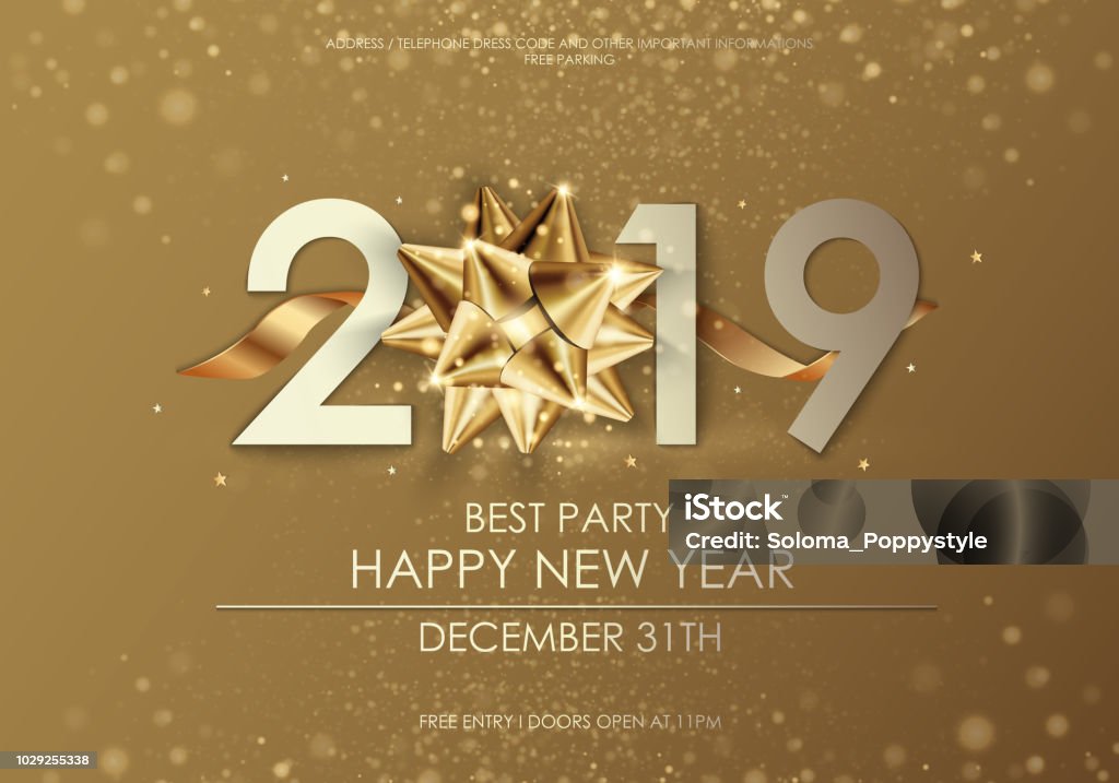 Happy New Year 2019 winter holiday greeting card design template. Party poster, banner or invitation gold glittering stars confetti glitter decoration. Vector background with golden gift bow New Year stock vector