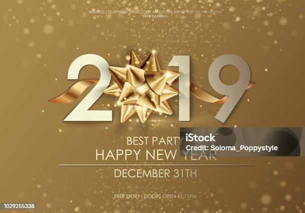 Happy New Year 2019 Winter Holiday Greeting Card Design Template Party Poster Banner Or Invitation Gold Glittering Stars Confetti Glitter Decoration Vector Background With Golden Gift Bow Stock Illustration - Download Image Now