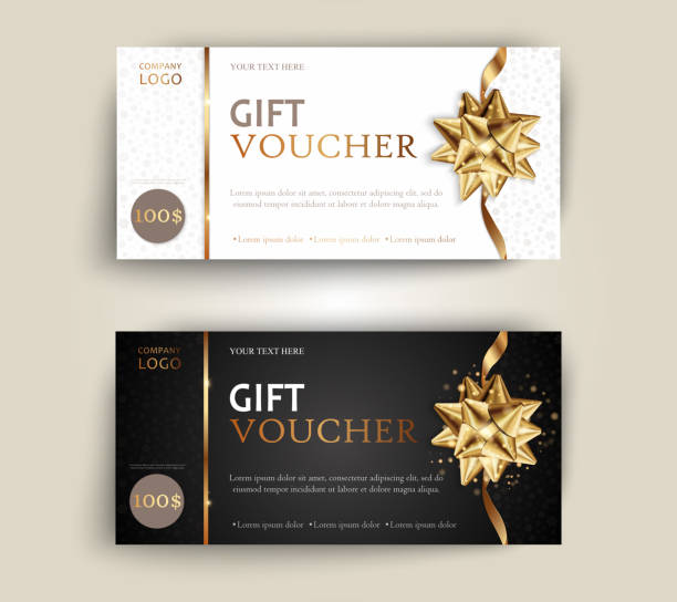 ilustrações de stock, clip art, desenhos animados e ícones de vector set of luxury gift vouchers with ribbons and gift box. elegant template for a festive gift card, coupon and certificate. discount coupon template vector illustration eps10 - bow gold gift tied knot