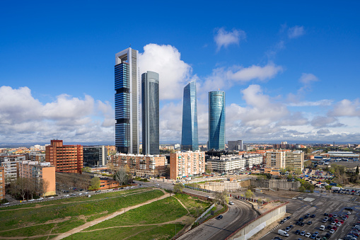 Madrid, Spain financial district skyline and blue sky in day time.