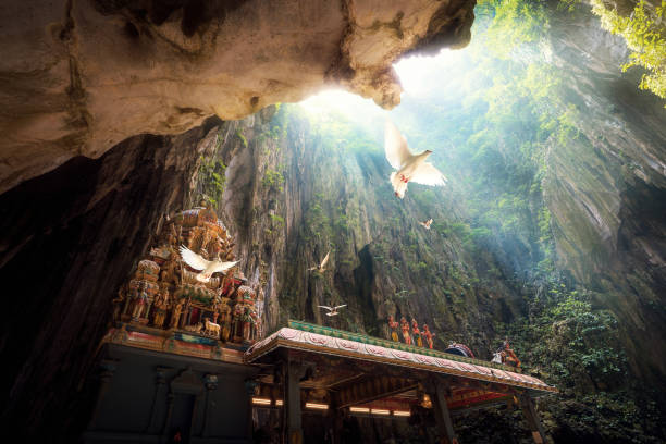 istock Batu Cave temple within cave and bird fly under light from the top 1029265854