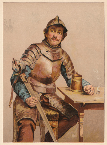 Wallenstein soldier during the Thirty Years War (1618 - 1648).  Chromolithograph, published in 1888.
